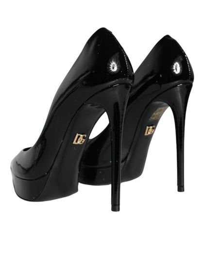 Dolce &amp; Gabbana Black Leather Platform Heels Pumps Shoes