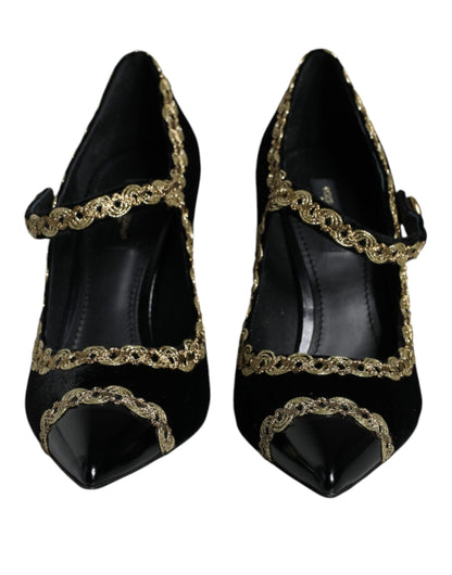 Dolce &amp; Gabbana Black Mary Janes Velvet Gold Pumps Shoes