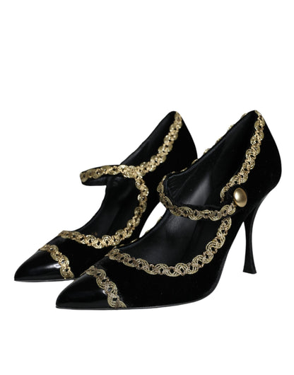 Dolce &amp; Gabbana Black Mary Janes Velvet Gold Pumps Shoes