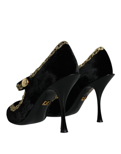 Dolce &amp; Gabbana Black Mary Janes Velvet Gold Pumps Shoes