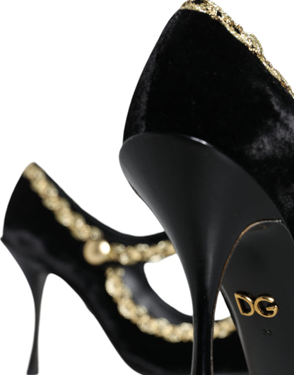 Dolce &amp; Gabbana Black Mary Janes Velvet Gold Pumps Shoes