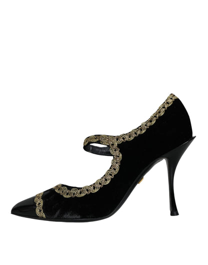 Dolce &amp; Gabbana Black Mary Janes Velvet Gold Pumps Shoes