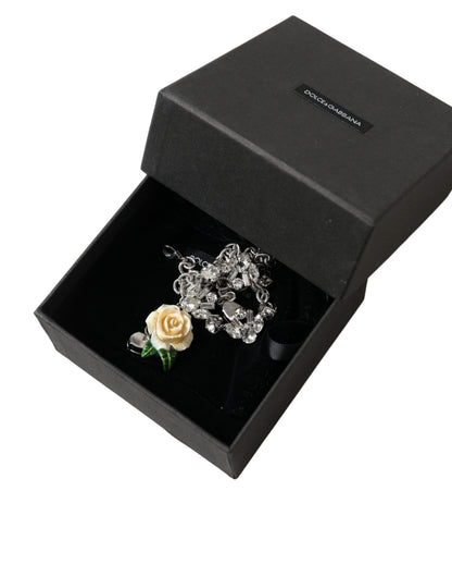 Dolce &amp; Gabbana Silver Brass Clear Crystal Roses Pendants Necklace