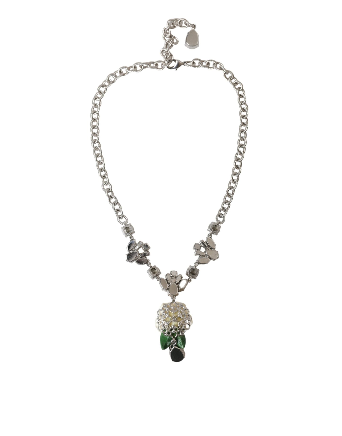 Dolce &amp; Gabbana Silver Brass Clear Crystal Roses Pendants Necklace