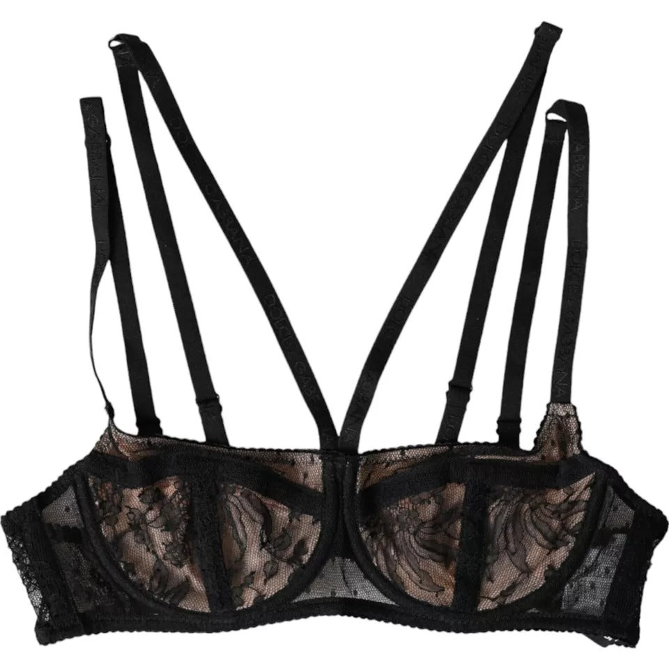 Dolce &amp; Gabbana Black Floral Lace Nylon Balconcino Bra Underwear