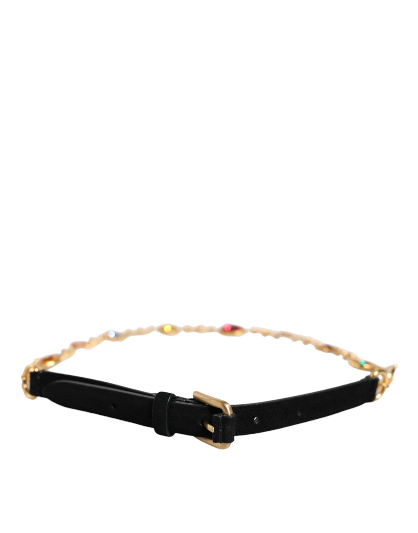 Dolce & Gabbana Black Leather Gold Brass Crystal Chain Waist Belt