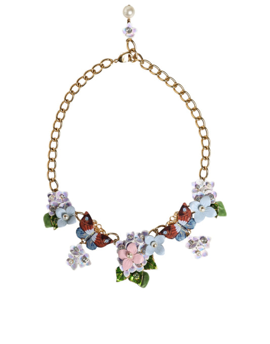 Dolce &amp; Gabbana Multicolor Floral Decor Crystal Gold Brass Chain Necklace