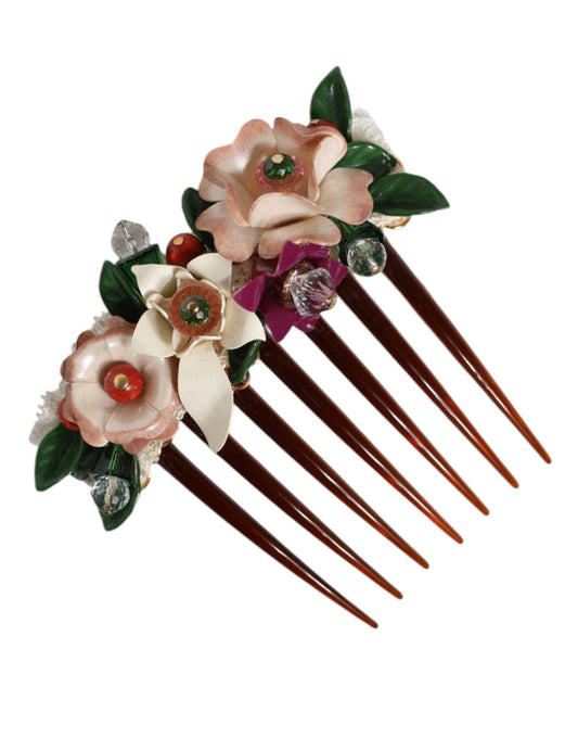 Dolce &amp; Gabbana Brown Plastic Crystal Floral Women Hair Comb