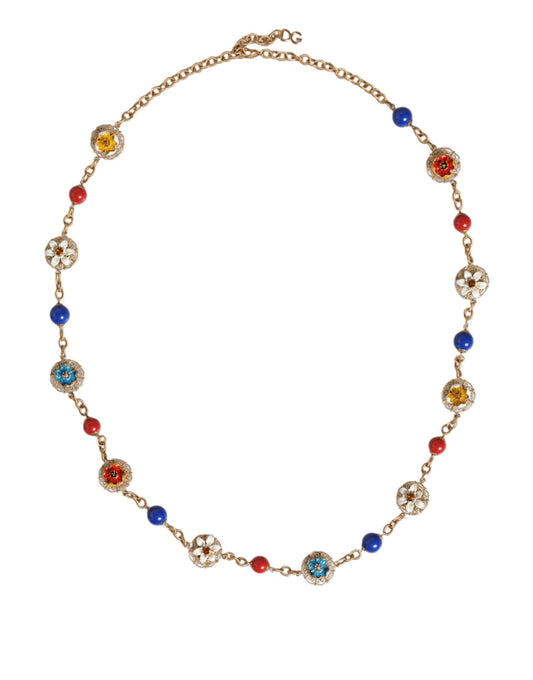 Dolce &amp; Gabbana Gold Tone Brass Chain Floral Crystal Beaded Necklace