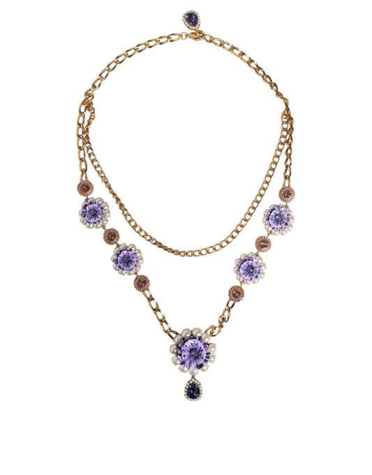 Dolce &amp; Gabbana Gold Tone Floral Crystals Embellished Layered Necklace