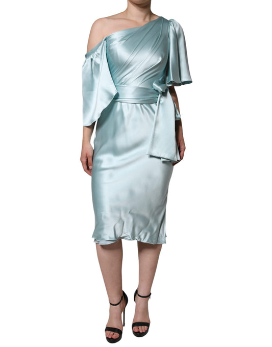 Dolce &amp; Gabbana Mint Green Silk Fit Cut One Shoulder Dress