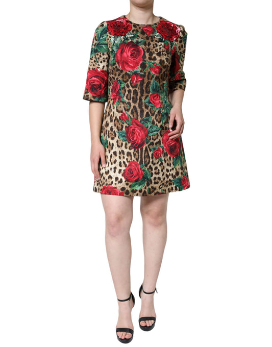 Dolce &amp; Gabbana Brown Leopard Red Roses Cotton A-line Dress