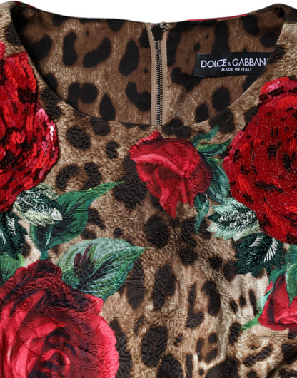 Dolce & Gabbana Brown Leopard Red Roses Cotton A-line Dress