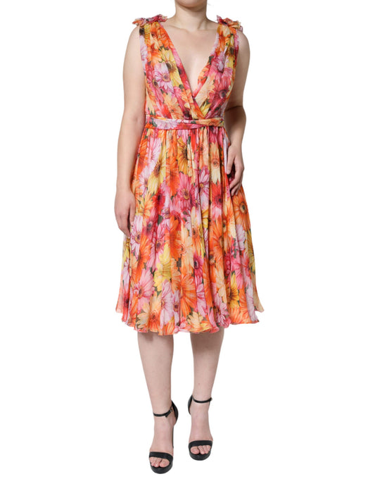 Dolce &amp; Gabbana Multicolor Floral Sleeveless V-neck Midi Dress