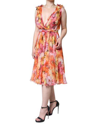 Dolce & Gabbana Multicolor Floral Sleeveless V-neck Midi Dress