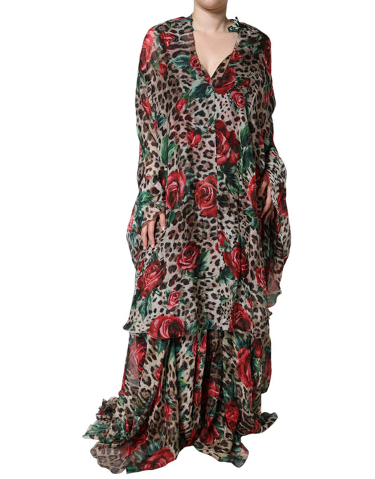 Dolce &amp; Gabbana Brown Leopard Red Roses Silk Long Gown Dress