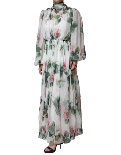 Dolce &amp; Gabbana White Silk Floral Print Long Maxi Dress