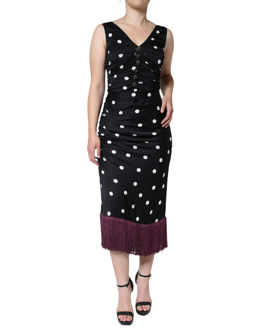 Dolce &amp; Gabbana Black Silk Polka Dot V-neck Tassel Midi Dress