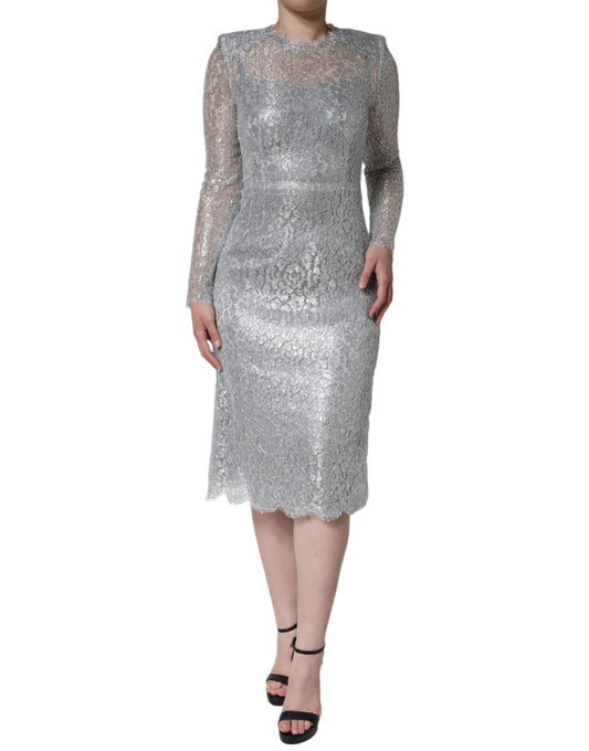 Dolce &amp; Gabbana Silver Floral Lace Bodycon Sheath Midi Dress