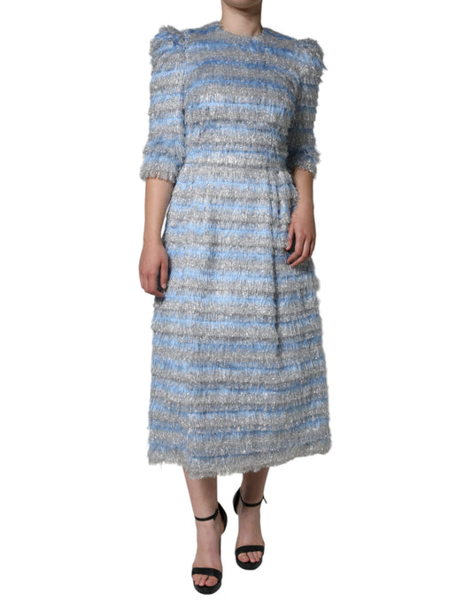 Dolce &amp; Gabbana Light Blue Silver Jacquard A-line Midi Dress