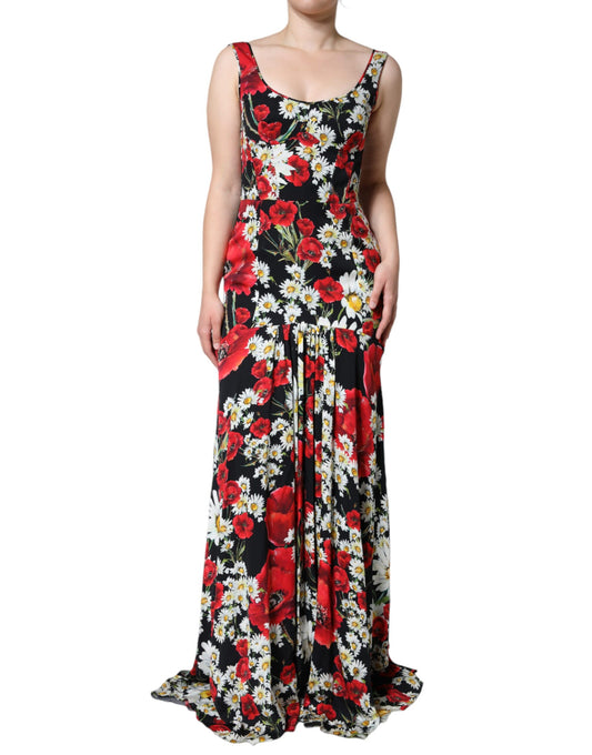 Dolce &amp; Gabbana Black Floral Silk Sleeveless Long Gown Dress