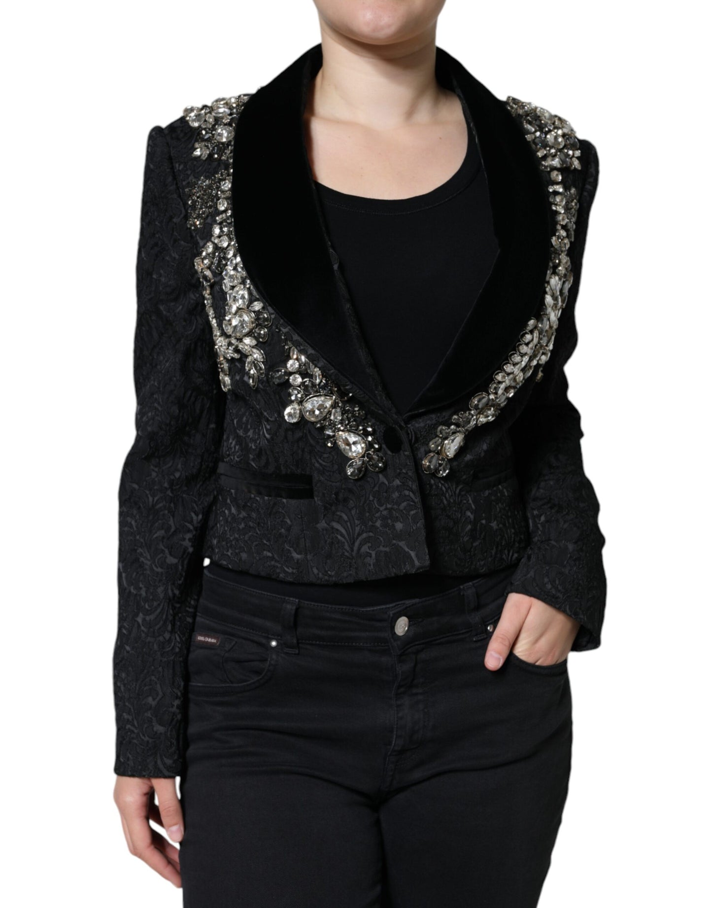 Dolce &amp; Gabbana Black Jacquard Crystal Floral Jacket Blazer