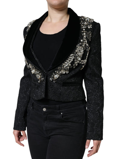 Dolce &amp; Gabbana Black Jacquard Crystal Floral Jacket Blazer