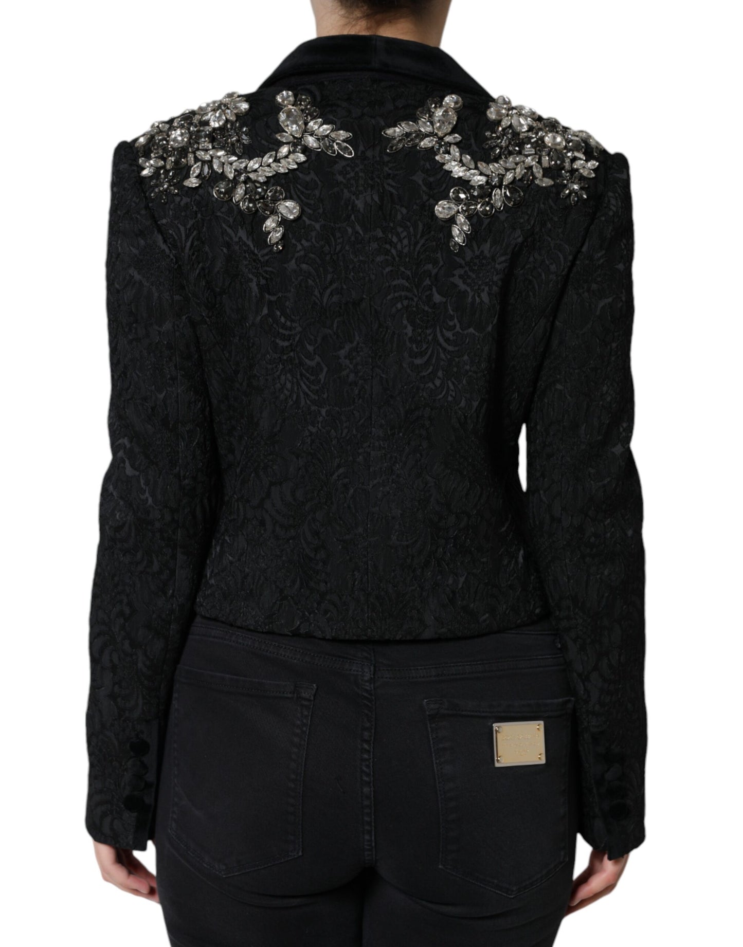 Dolce &amp; Gabbana Black Jacquard Crystal Floral Jacket Blazer