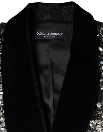 Dolce &amp; Gabbana Black Jacquard Crystal Floral Jacket Blazer