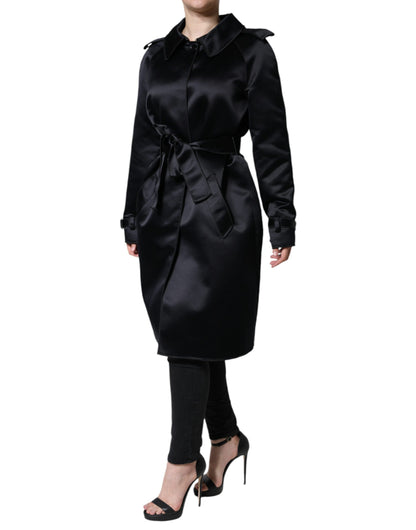 Dolce & Gabbana Black Polyester Organza Belted Coat Jacket