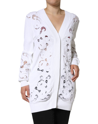 Dolce & Gabbana White Viscose Floral Cut Out Cardigan Sweater