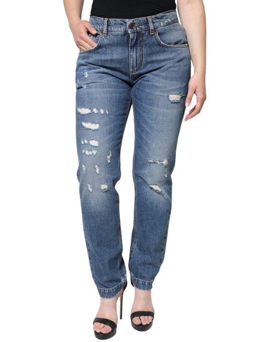 Dolce &amp; Gabbana Blue Cotton Tattered Boyfriend Denim Jeans