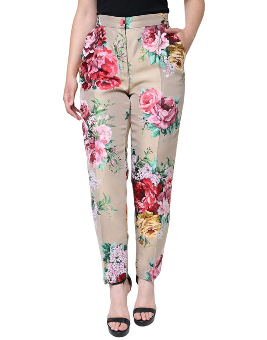 Dolce &amp; Gabbana Beige Floral Jacquard High Waist Tapered Pants