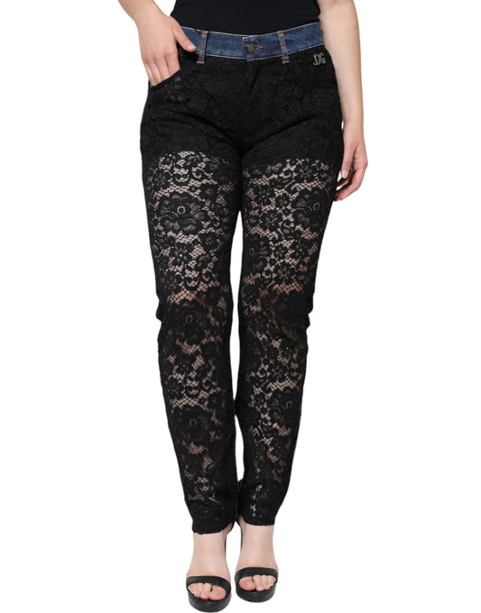 Dolce &amp; Gabbana Black Floral Lace Front Skinny Denim Jeans