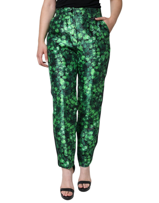 Dolce &amp; Gabbana Green Clover Silk Satin High Waist Tapered Pants