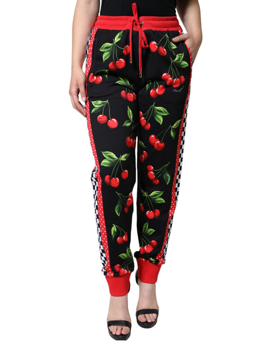 Dolce &amp; Gabbana Black Red Cherry Mid Waist Jogger Pants