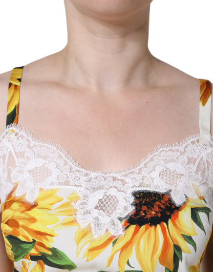 Dolce & Gabbana White Silk Sunflower Lace Sleeveless Tank Top