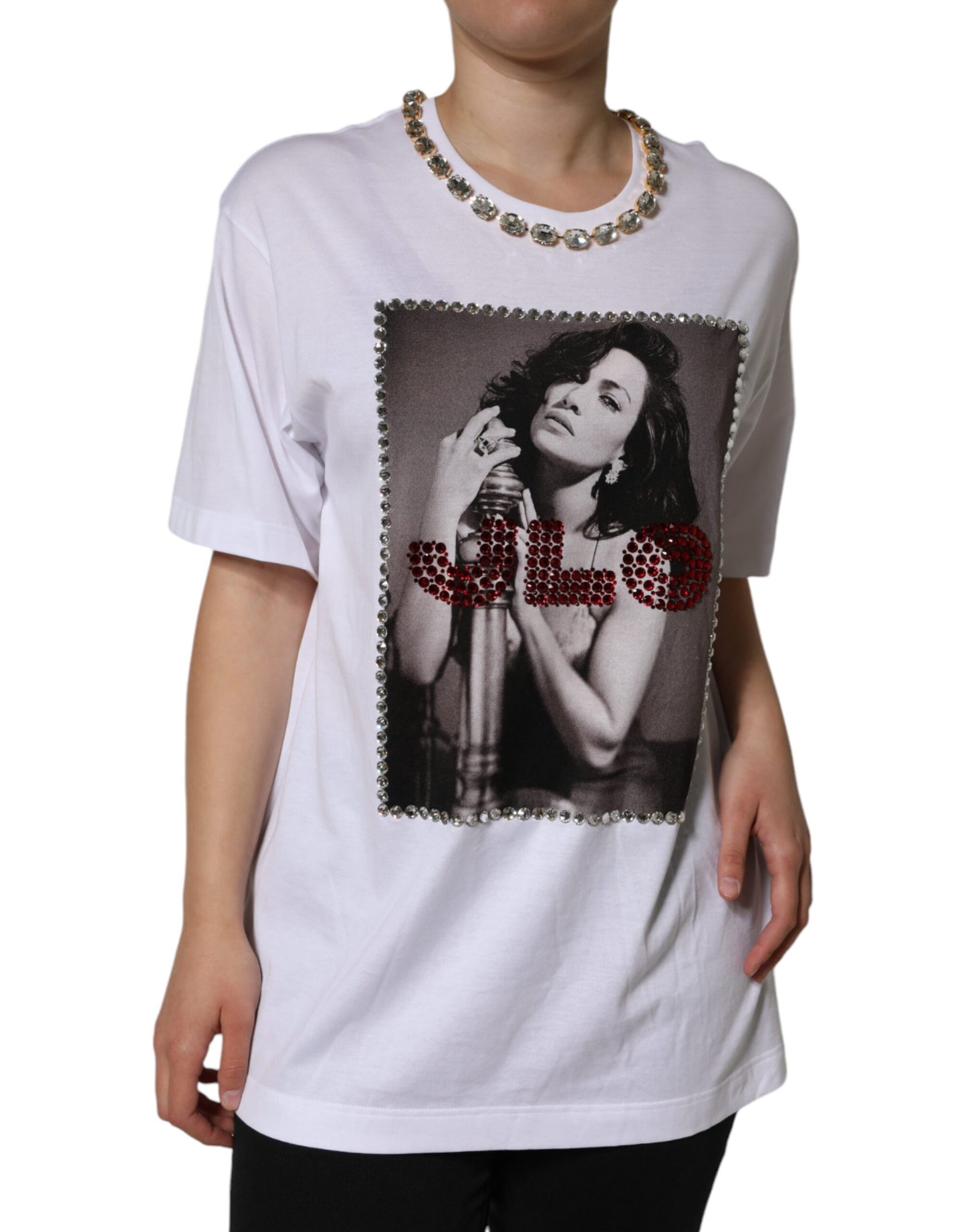 Dolce &amp; Gabbana White Crystal Neckline Embellished Printed T-shirt