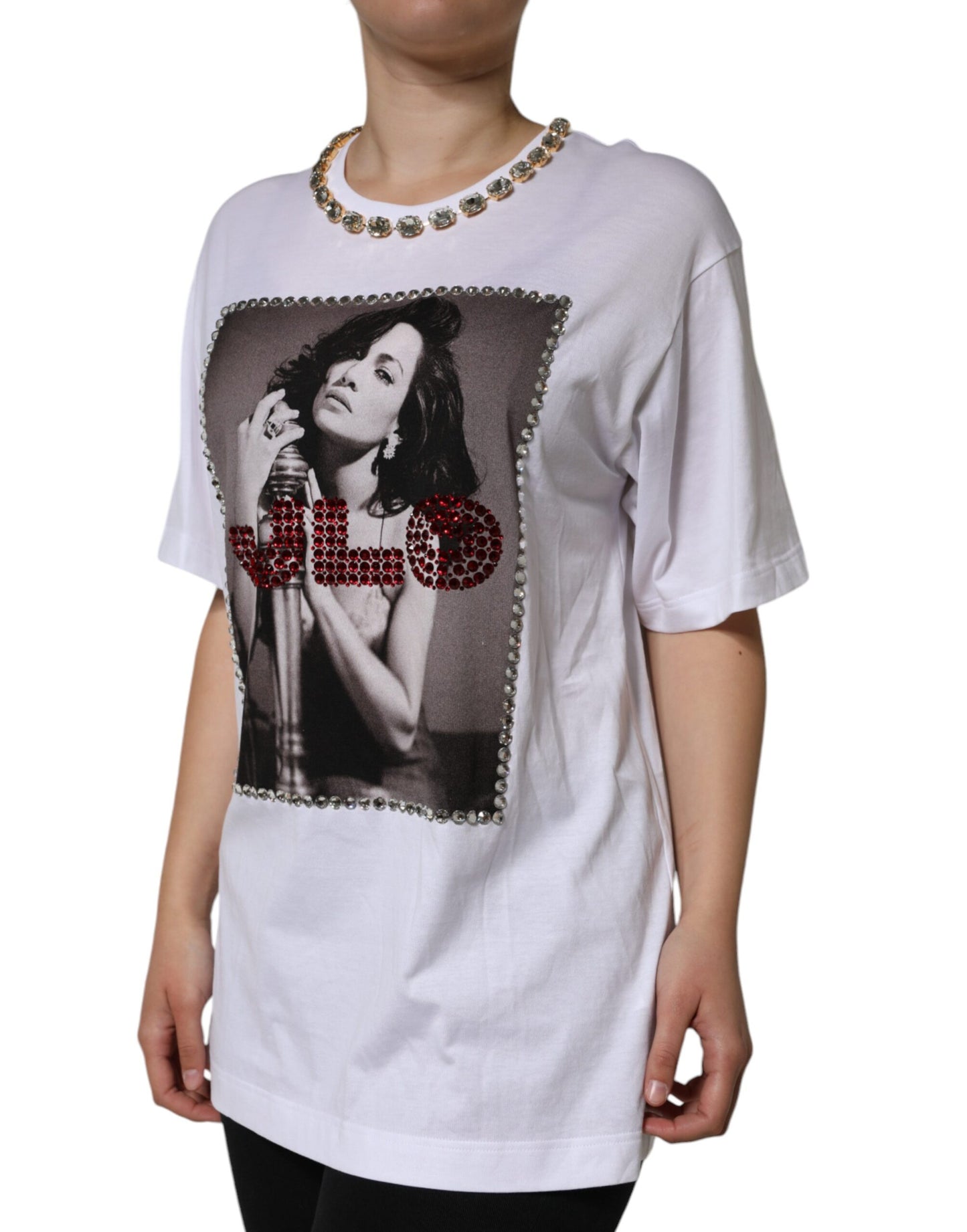 Dolce &amp; Gabbana White Crystal Neckline Embellished Printed T-shirt