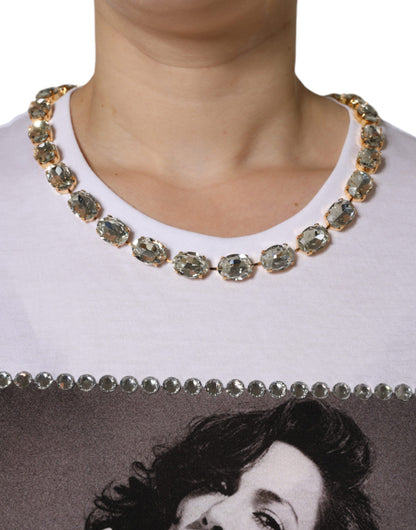 Dolce &amp; Gabbana White Crystal Neckline Embellished Printed T-shirt