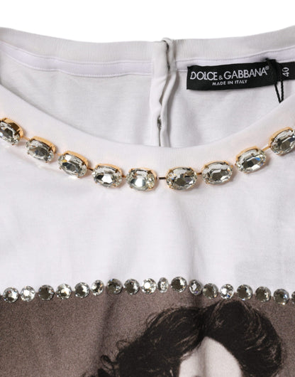 Dolce &amp; Gabbana White Crystal Neckline Embellished Printed T-shirt