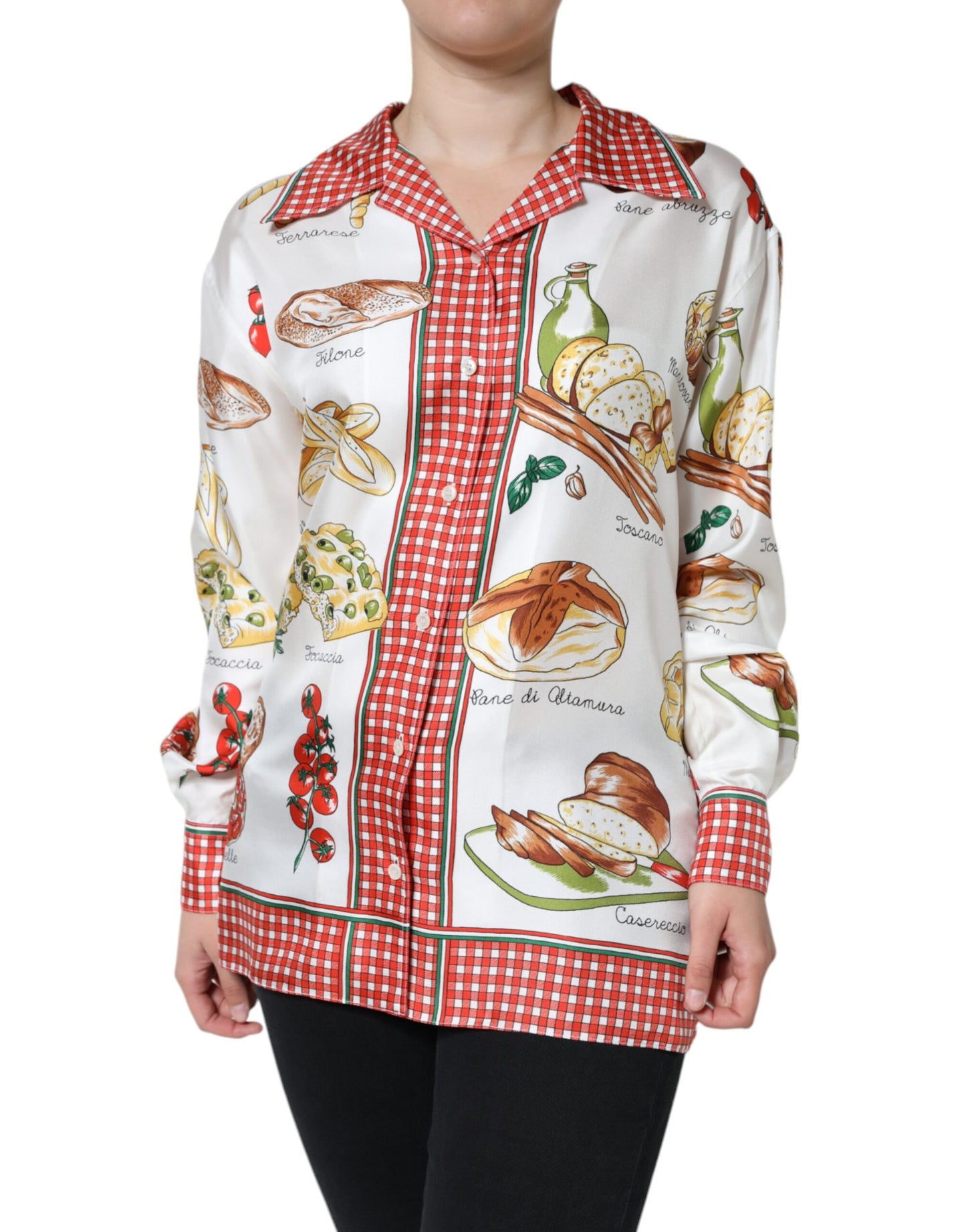 Dolce &amp; Gabbana Multicolor Bread Print Collared Blouse Top