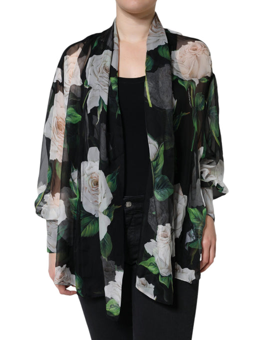 Dolce &amp; Gabbana Black Floral Print Silk Cardigan Blouse Top