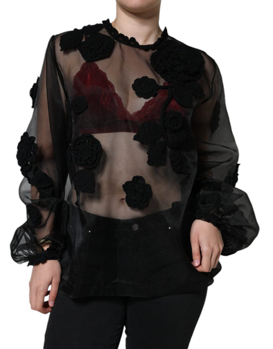 Dolce &amp; Gabbana Black Nylon Mesh Transparent Floral Blouse