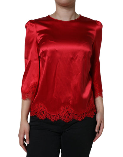 Dolce &amp; Gabbana Red Satin Lace Trim Round Neck Blouse Top