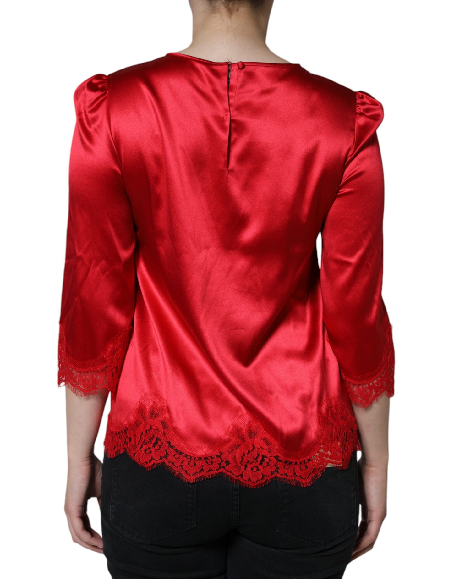 Dolce &amp; Gabbana Red Satin Lace Trim Round Neck Blouse Top