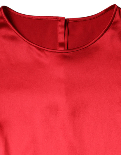 Dolce &amp; Gabbana Red Satin Lace Trim Round Neck Blouse Top