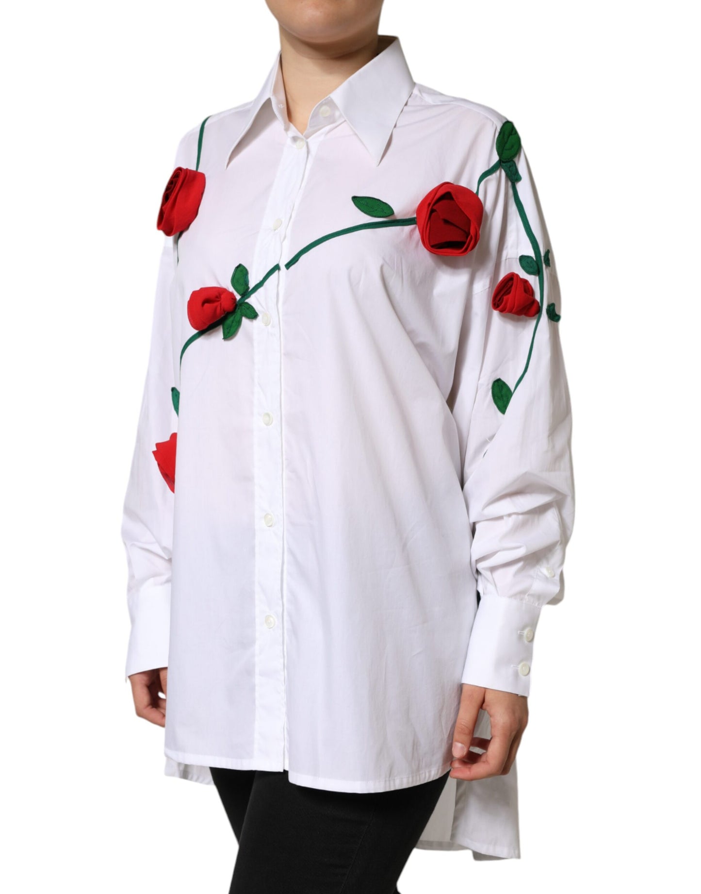 Dolce &amp; Gabbana White Cotton Flower Applique Dress Shirt Top