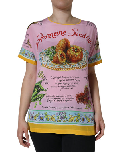 Dolce &amp; Gabbana Pink Silk Araneine Siciliana Print Short Sleeves Top