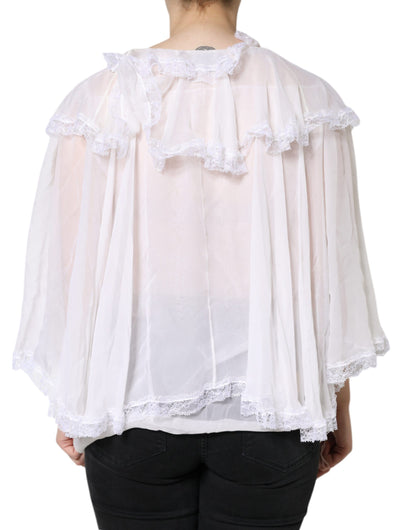 Dolce &amp; Gabbana White Ruffles Lace Long Sleeve Blouse Top